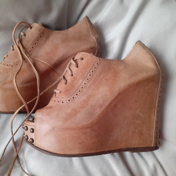PRUNE Leather Platform Peeptoe Lace Up Wedge Shoes - Picture 1 of 8